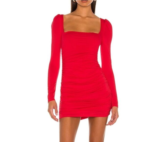 Lovers and Friends Benae Red‎ Mini Dress Sz XXS Long Sleeves Ruched Stretch NEW - Picture 1 of 15